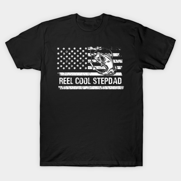 Mens Reel Cool Stepdad American Flag Fisherman Daddy Father's Day Gifts Fishing T-Shirt by Oska Like